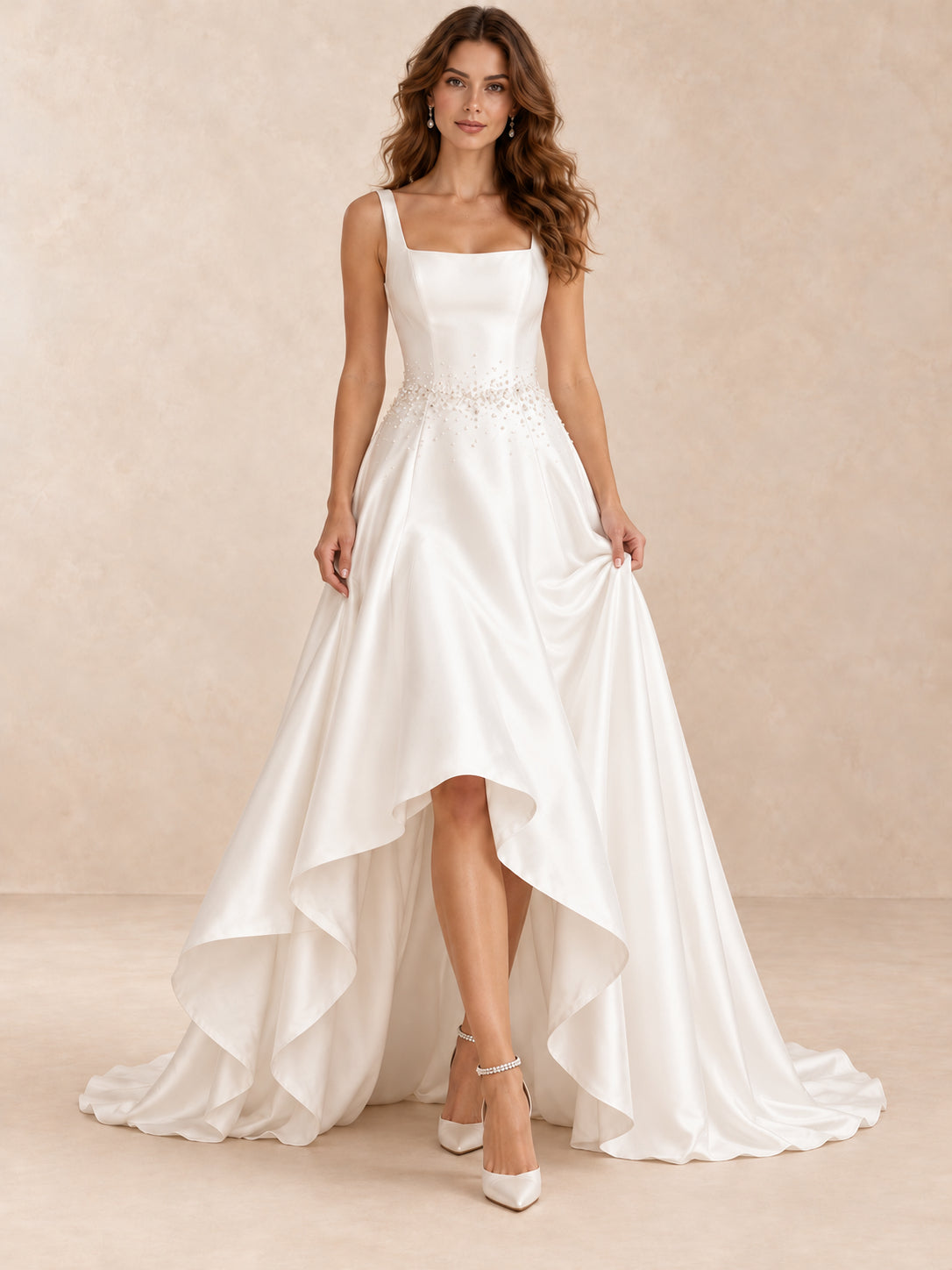 Square-Neck Satin High-Low Wedding Dress with Beaded Waist