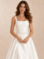 Square-Neck Satin High-Low Wedding Dress with Beaded Waist