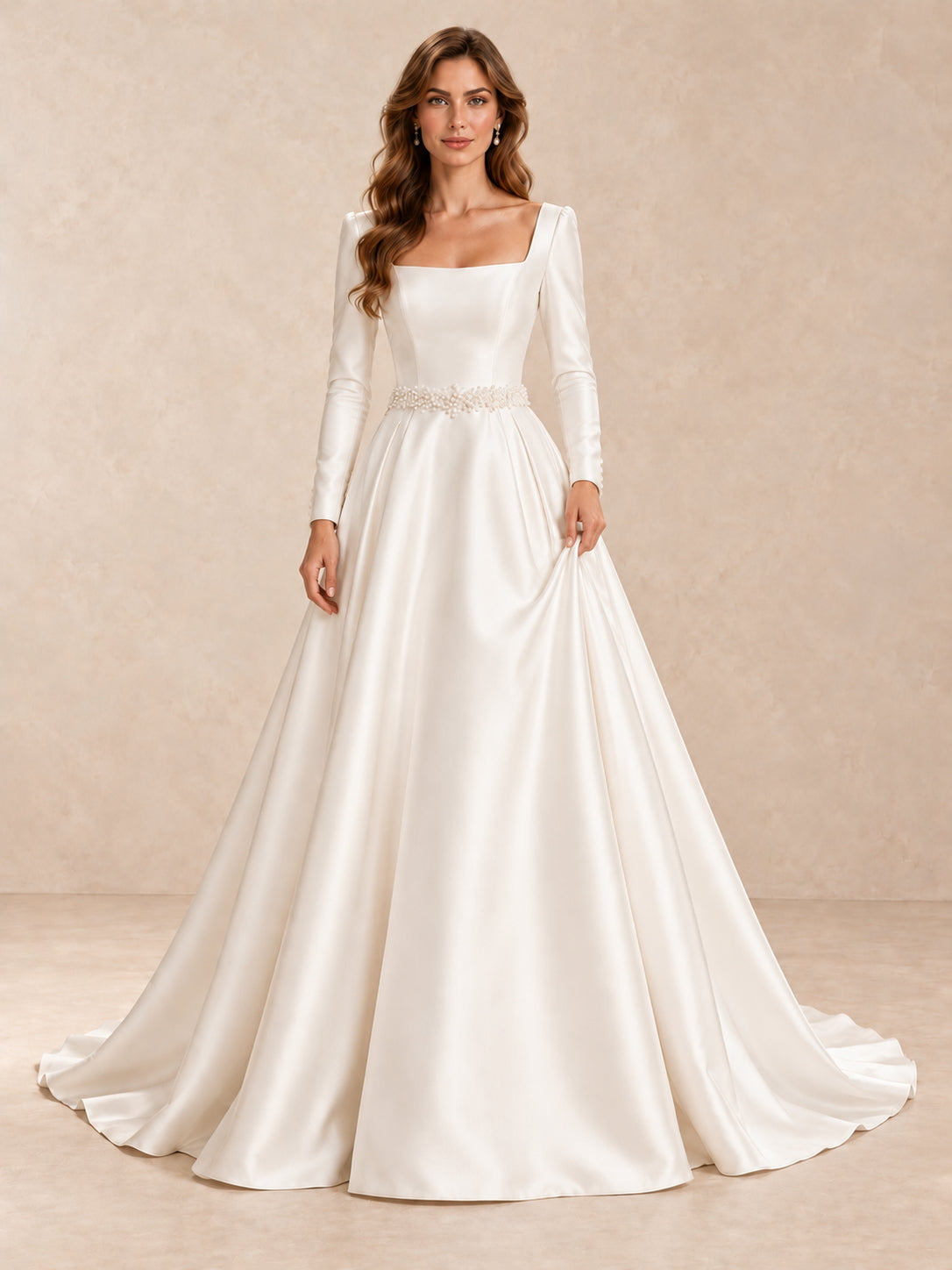 Square-Neck Satin Wedding Dress with Long Sleeves & Pearl Waist