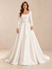 Square-Neck Satin Wedding Dress with Long Sleeves & Pearl Waist