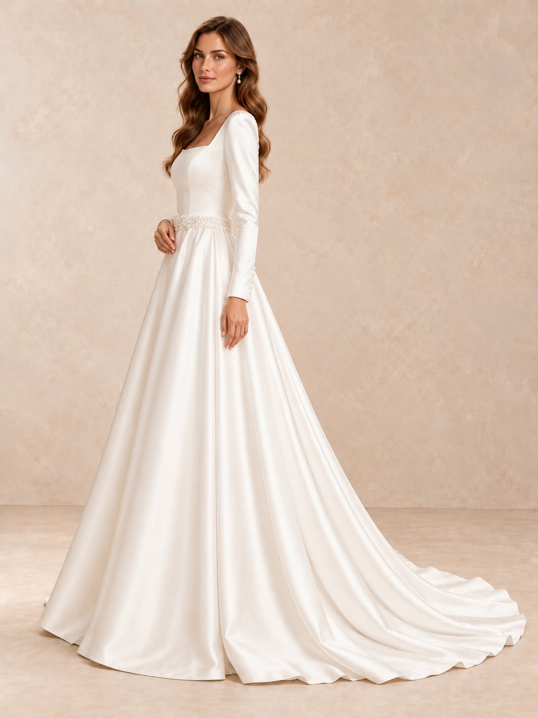 Square-Neck Satin Wedding Dress with Long Sleeves & Pearl Waist