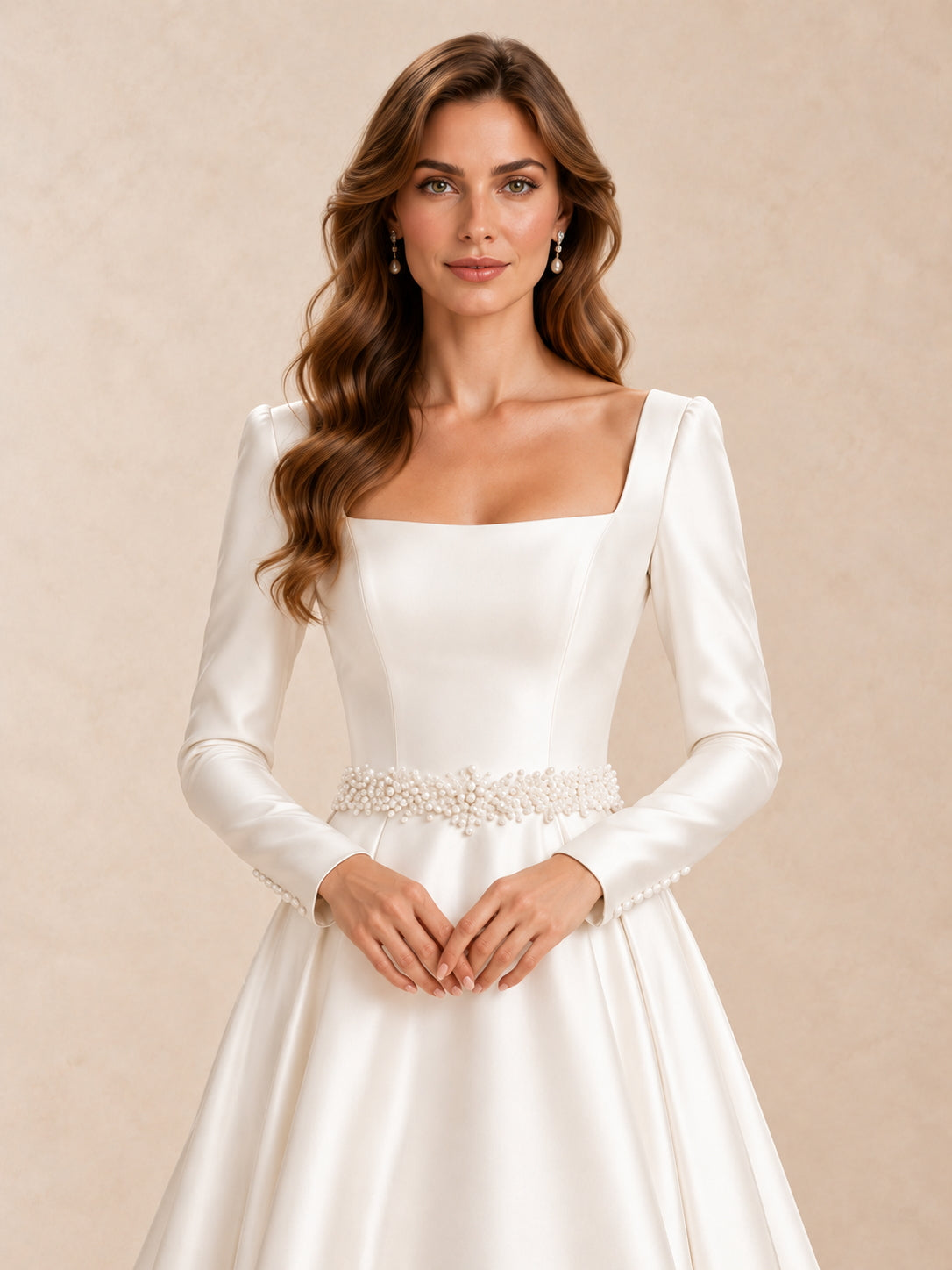 Square-Neck Satin Wedding Dress with Long Sleeves & Pearl Waist
