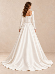 Square-Neck Satin Wedding Dress with Long Sleeves & Pearl Waist