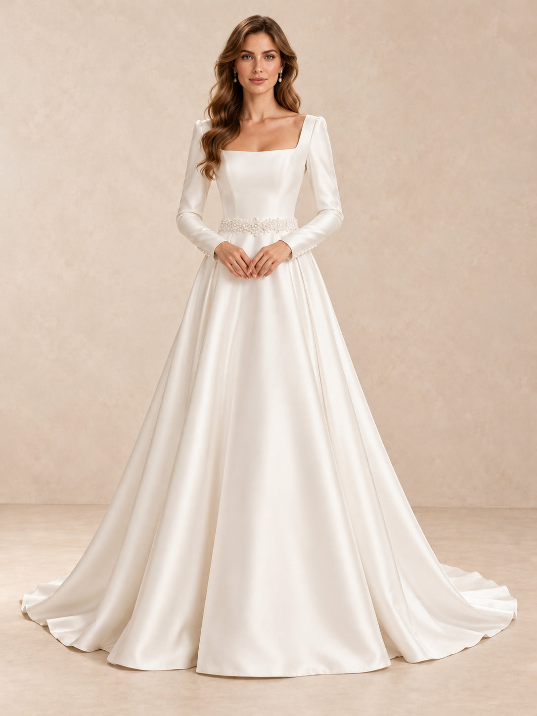 Square-Neck Satin Wedding Dress with Long Sleeves & Pearl Waist