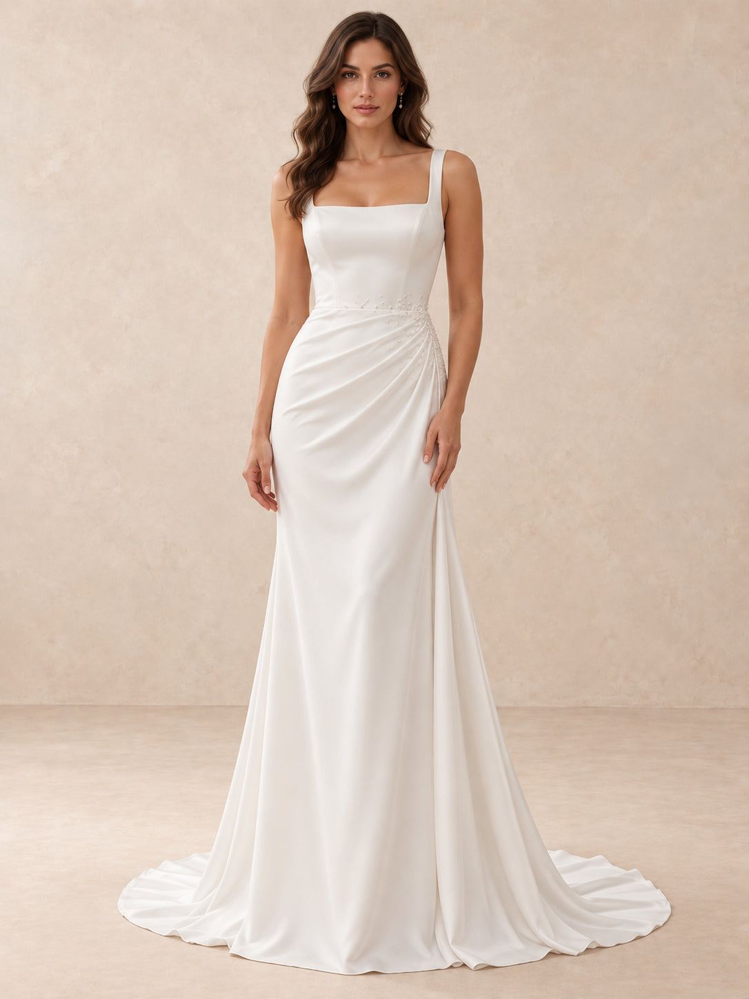 Square-Neck Satin Wedding Dress with Pearl Accents and Sweep Train
