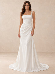 Square-Neck Satin Wedding Dress with Pearl Accents and Sweep Train