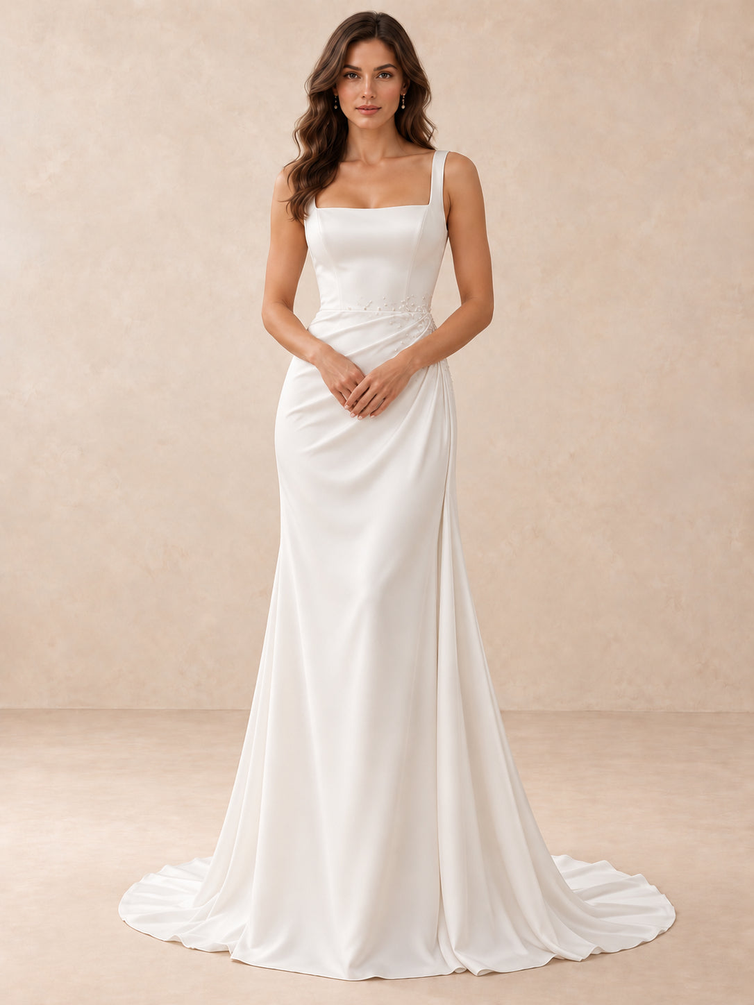 Square-Neck Satin Wedding Dress with Pearl Accents and Sweep Train