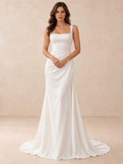 Square-Neck Satin Wedding Dress with Pearl Accents and Sweep Train
