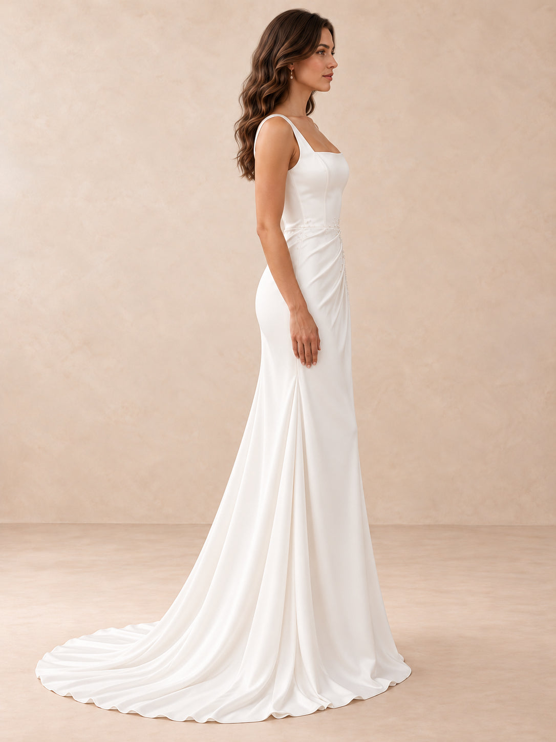 Square-Neck Satin Wedding Dress with Pearl Accents and Sweep Train