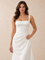 Square-Neck Satin Wedding Dress with Pearl Accents and Sweep Train