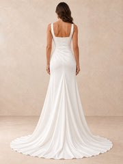 Square-Neck Satin Wedding Dress with Pearl Accents and Sweep Train