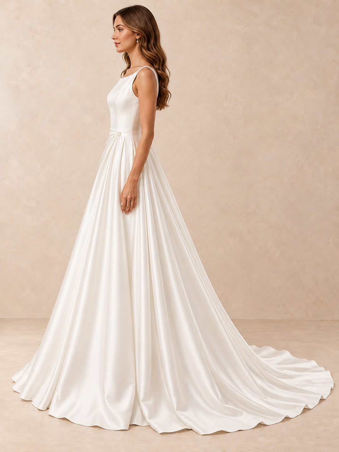 Square-Neck Satin Wedding Dress with Pearl Waist Accent and Sweep Train