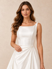 Square-Neck Satin Wedding Dress with Pearl Waist Accent and Sweep Train