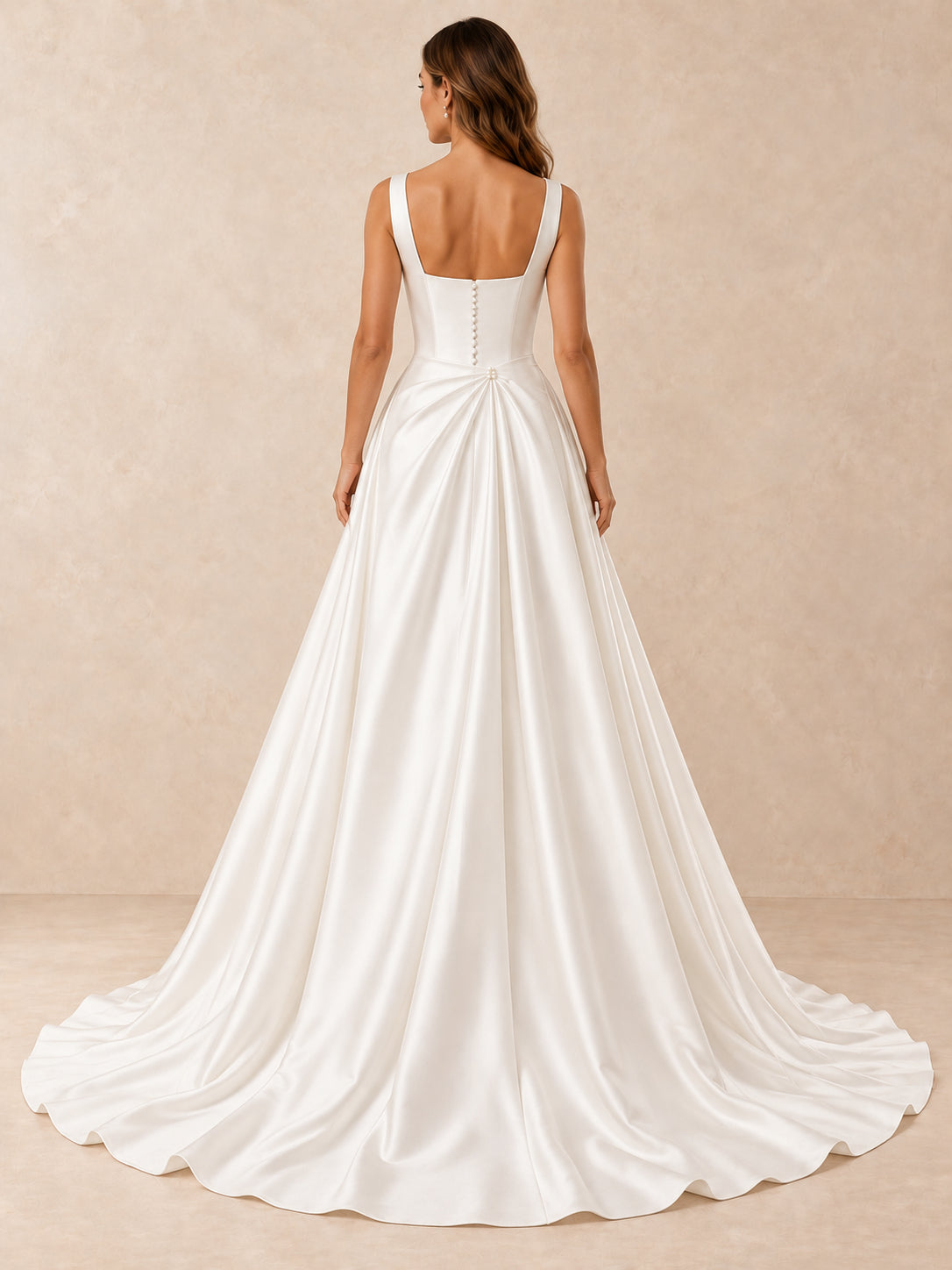 Square-Neck Satin Wedding Dress with Pearl Waist Accent and Sweep Train