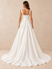 Square-Neck Satin Wedding Dress with Pearl Waist Accent and Sweep Train