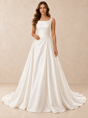 Square-Neck Satin Wedding Dress with Pearl Waist Accent and Sweep Train