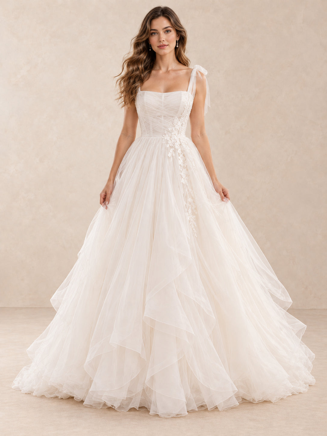 Square Neck Bow Strap Floral Applique Wedding Dress with Layered Tulle