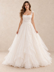 Square Neck Bow Strap Floral Applique Wedding Dress with Layered Tulle