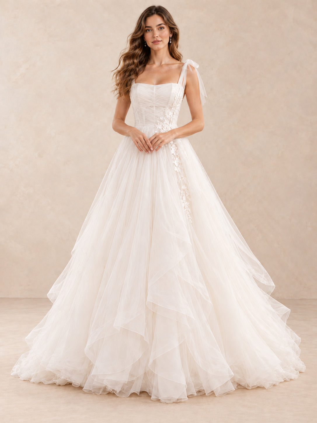 Square Neck Bow Strap Floral Applique Wedding Dress with Layered Tulle