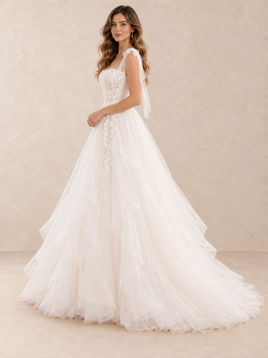 Square Neck Bow Strap Floral Applique Wedding Dress with Layered Tulle