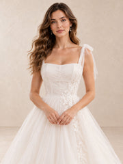 Square Neck Bow Strap Floral Applique Wedding Dress with Layered Tulle