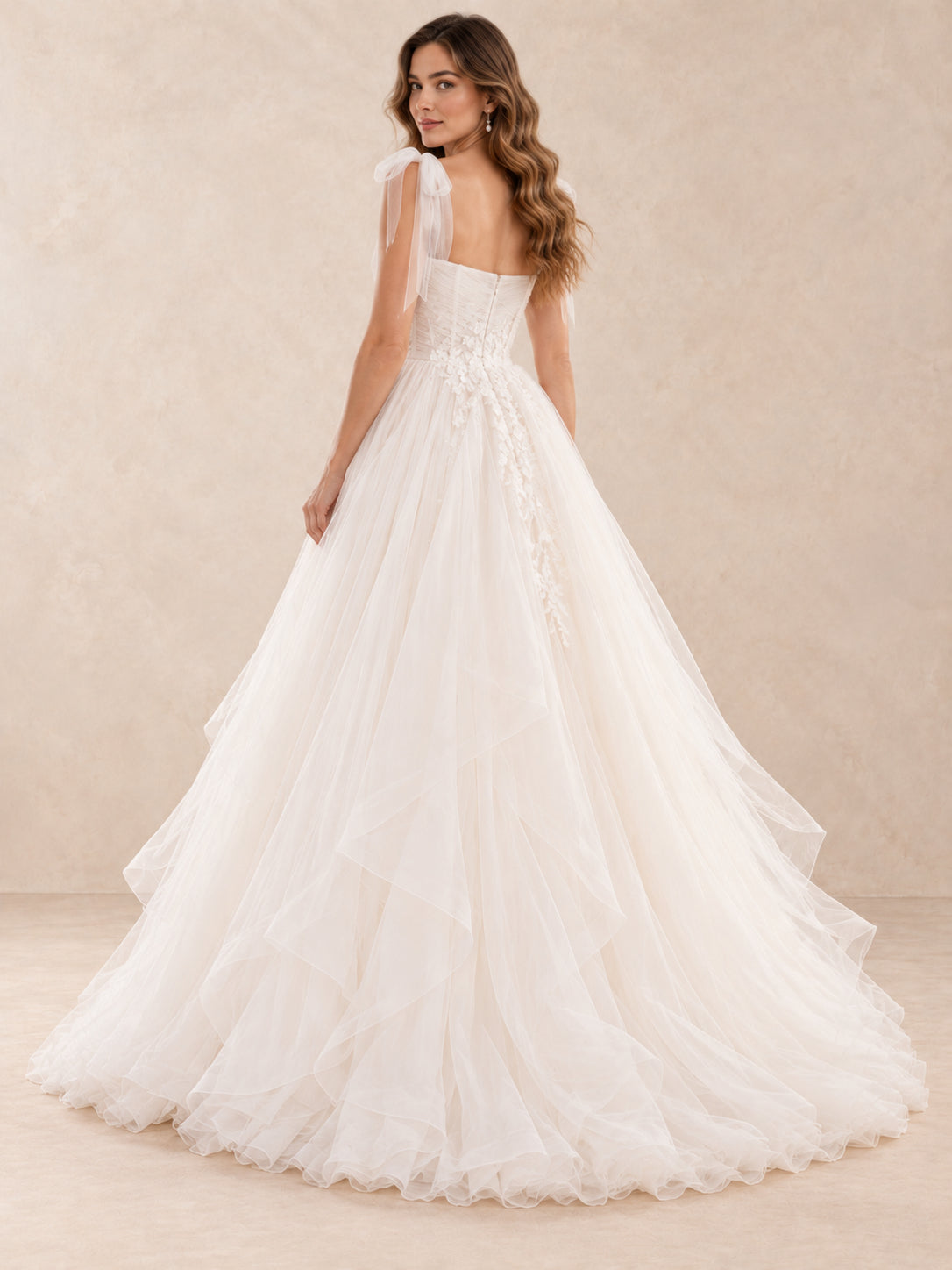 Square Neck Bow Strap Floral Applique Wedding Dress with Layered Tulle