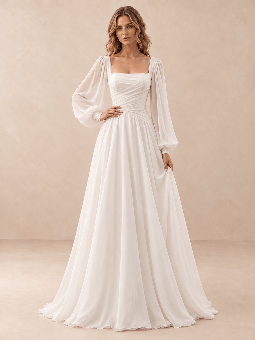 Square Neck Draped Satin A-Line Wedding Dress with Chiffon Sleeves