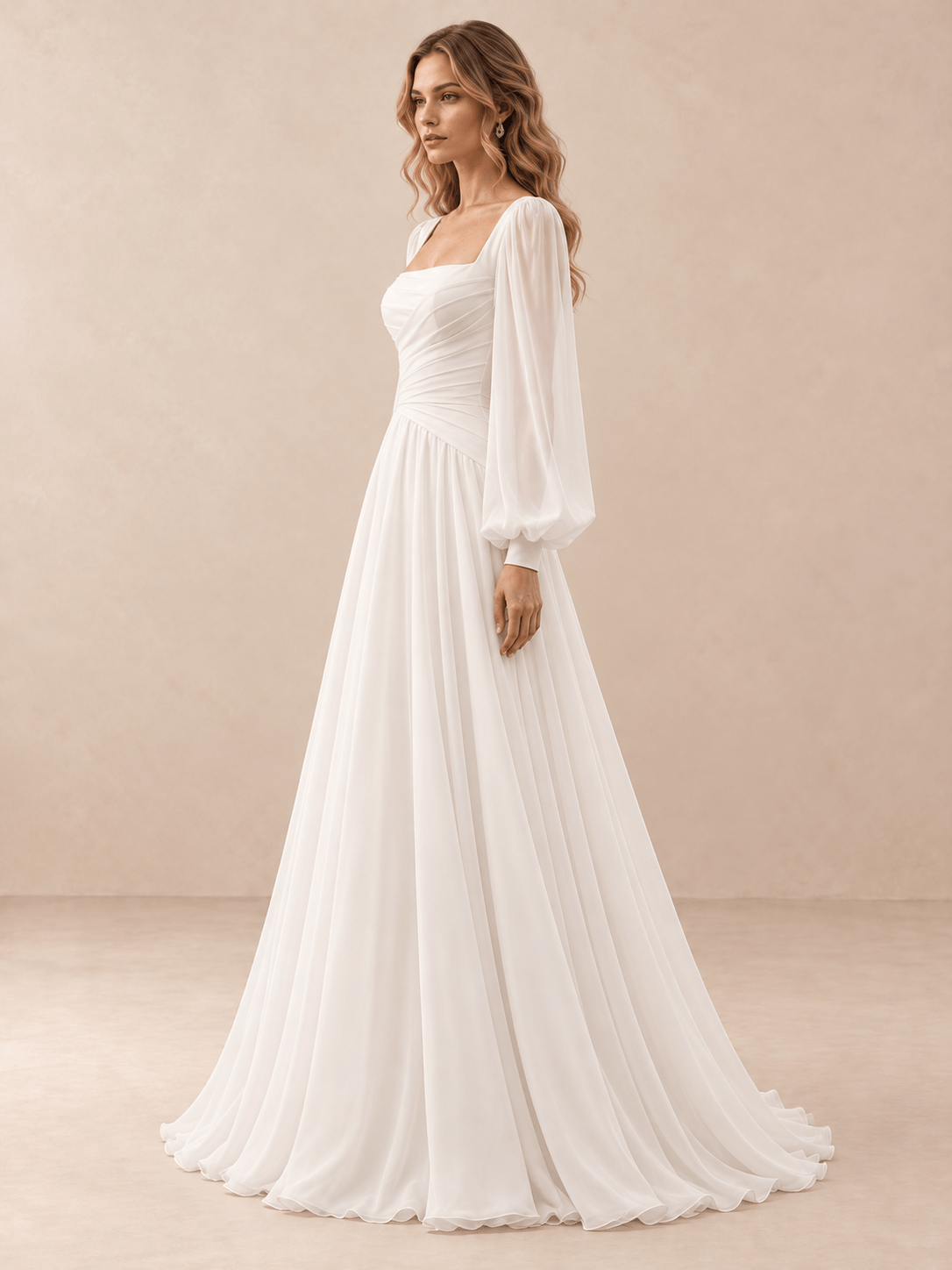 Square Neck Draped Satin A-Line Wedding Dress with Chiffon Sleeves