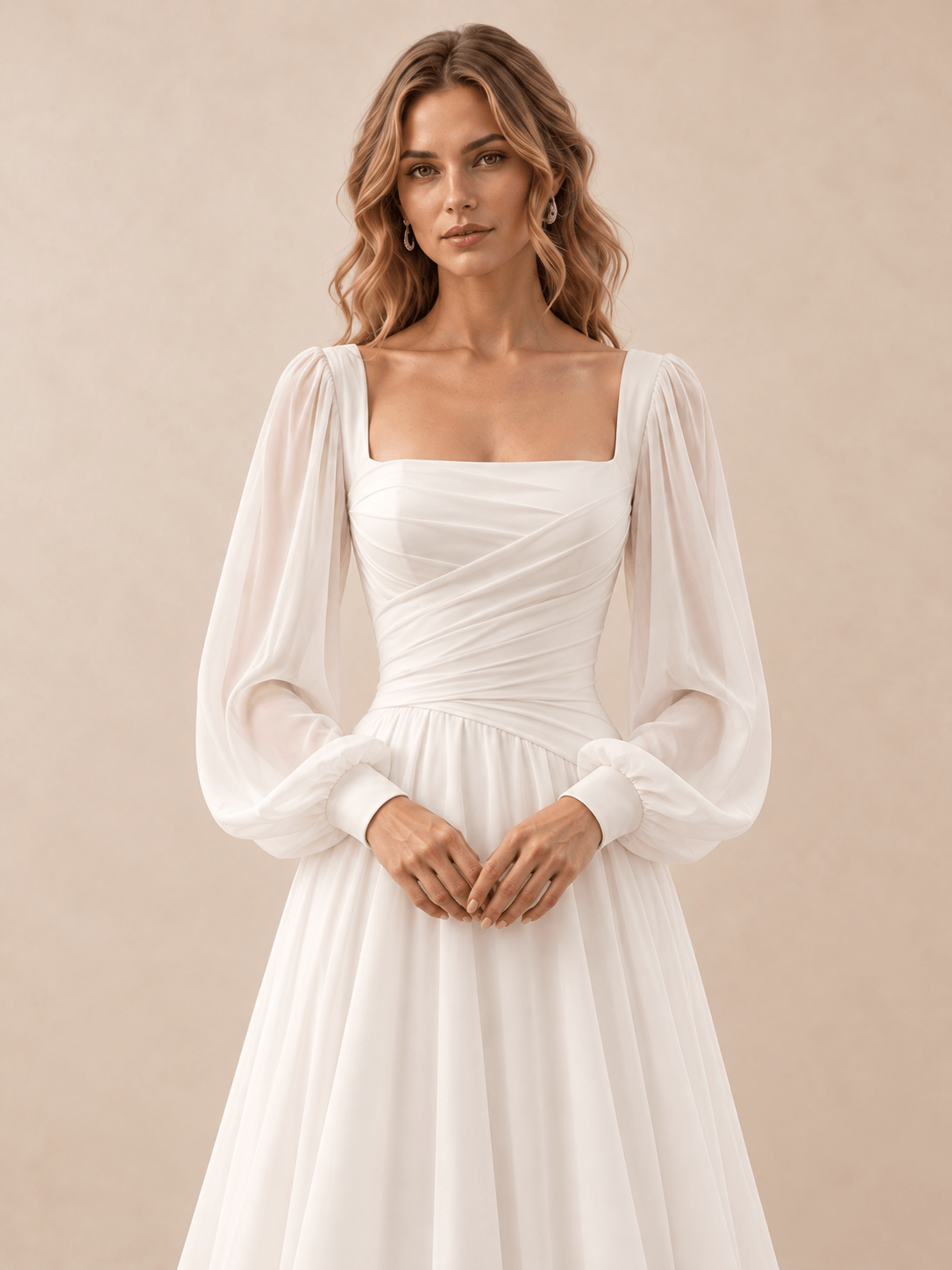 Square Neck Draped Satin A-Line Wedding Dress with Chiffon Sleeves