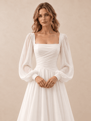 Square Neck Draped Satin A-Line Wedding Dress with Chiffon Sleeves