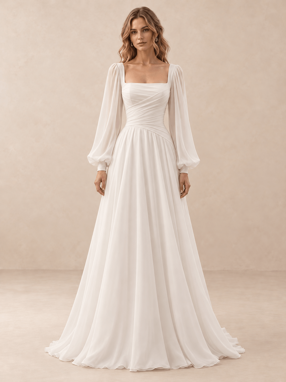 Square Neck Draped Satin A-Line Wedding Dress with Chiffon Sleeves