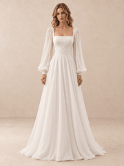 Square Neck Draped Satin A-Line Wedding Dress with Chiffon Sleeves