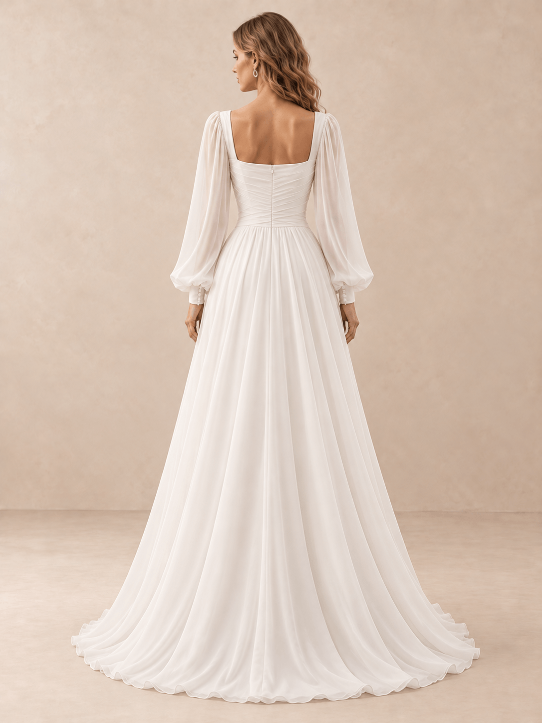 Square Neck Draped Satin A-Line Wedding Dress with Chiffon Sleeves