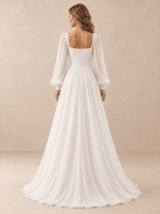 Square Neck Draped Satin A-Line Wedding Dress with Chiffon Sleeves