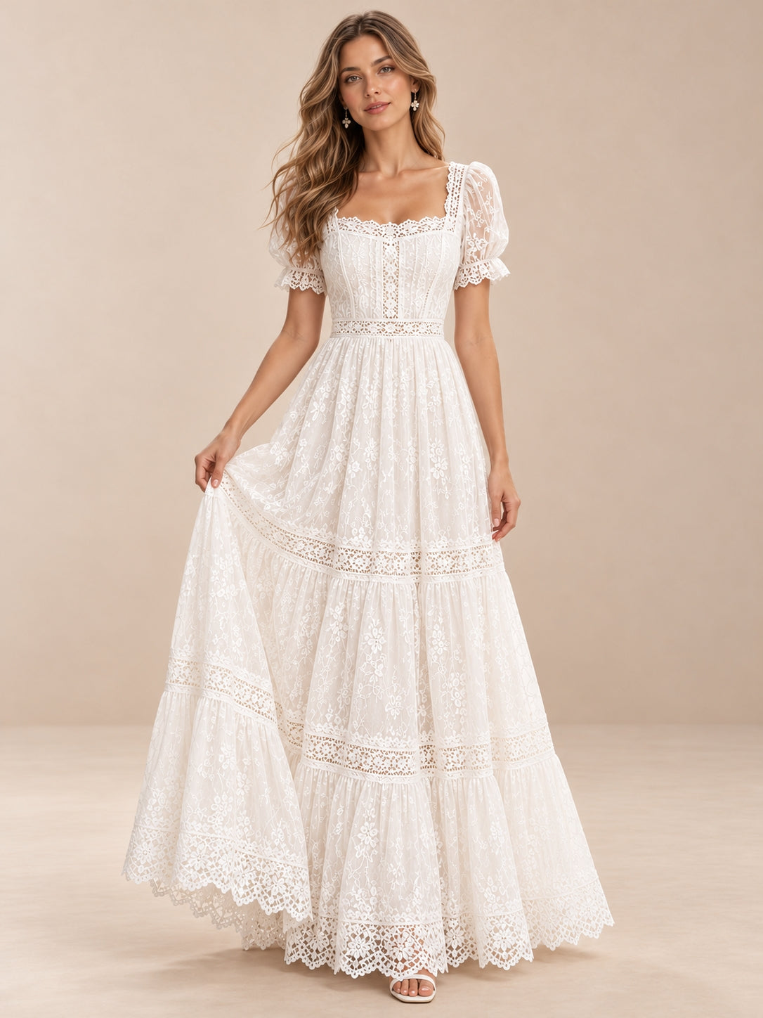 Square Neck Floral Lace Puff Sleeves Wedding Dress With Tiered Skirt