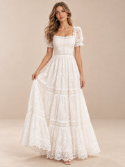 Square Neck Floral Lace Puff Sleeves Wedding Dress With Tiered Skirt