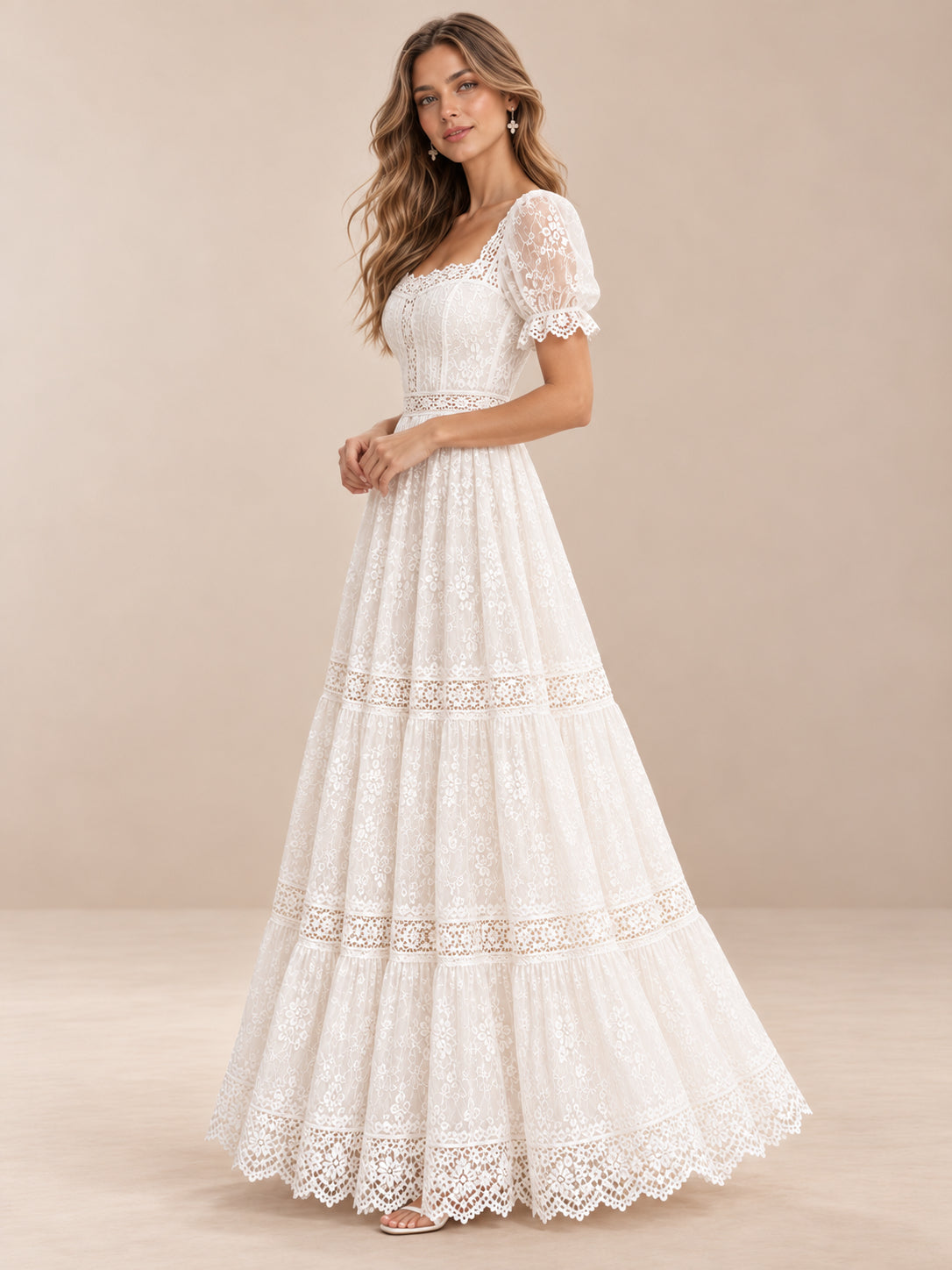 Square Neck Floral Lace Puff Sleeves Wedding Dress With Tiered Skirt