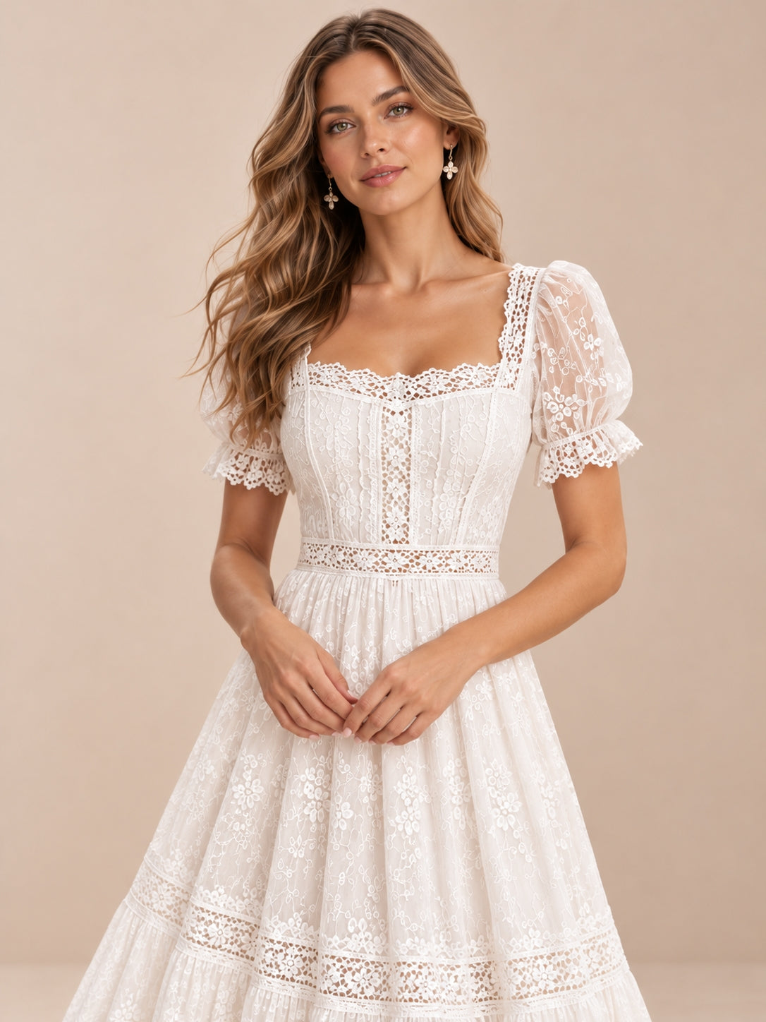 Square Neck Floral Lace Puff Sleeves Wedding Dress With Tiered Skirt