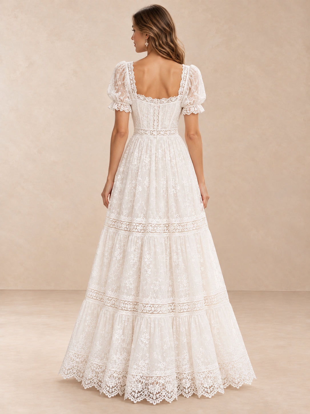Square Neck Floral Lace Puff Sleeves Wedding Dress With Tiered Skirt