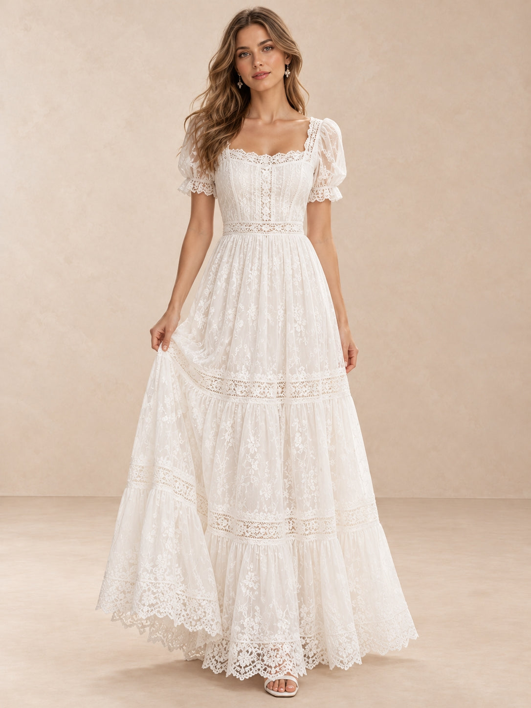 Square Neck Floral Lace Puff Sleeves Wedding Dress With Tiered Skirt