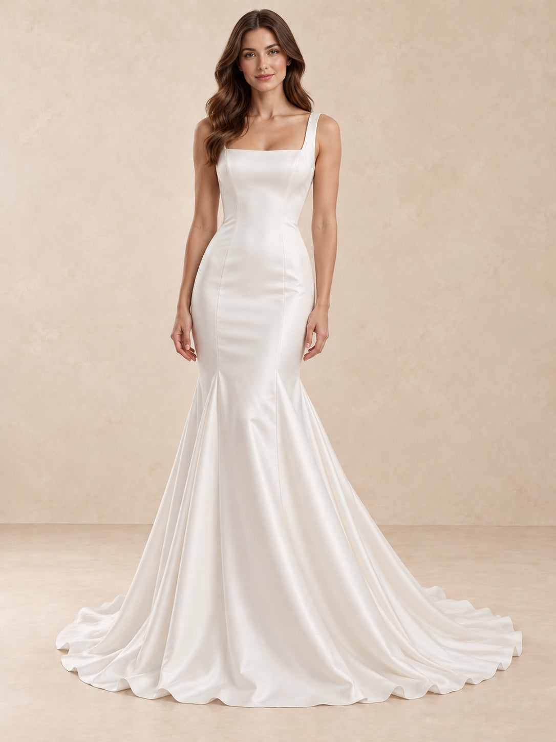 Square Neck Mermaid Satin Wedding Dress with Sweep Train