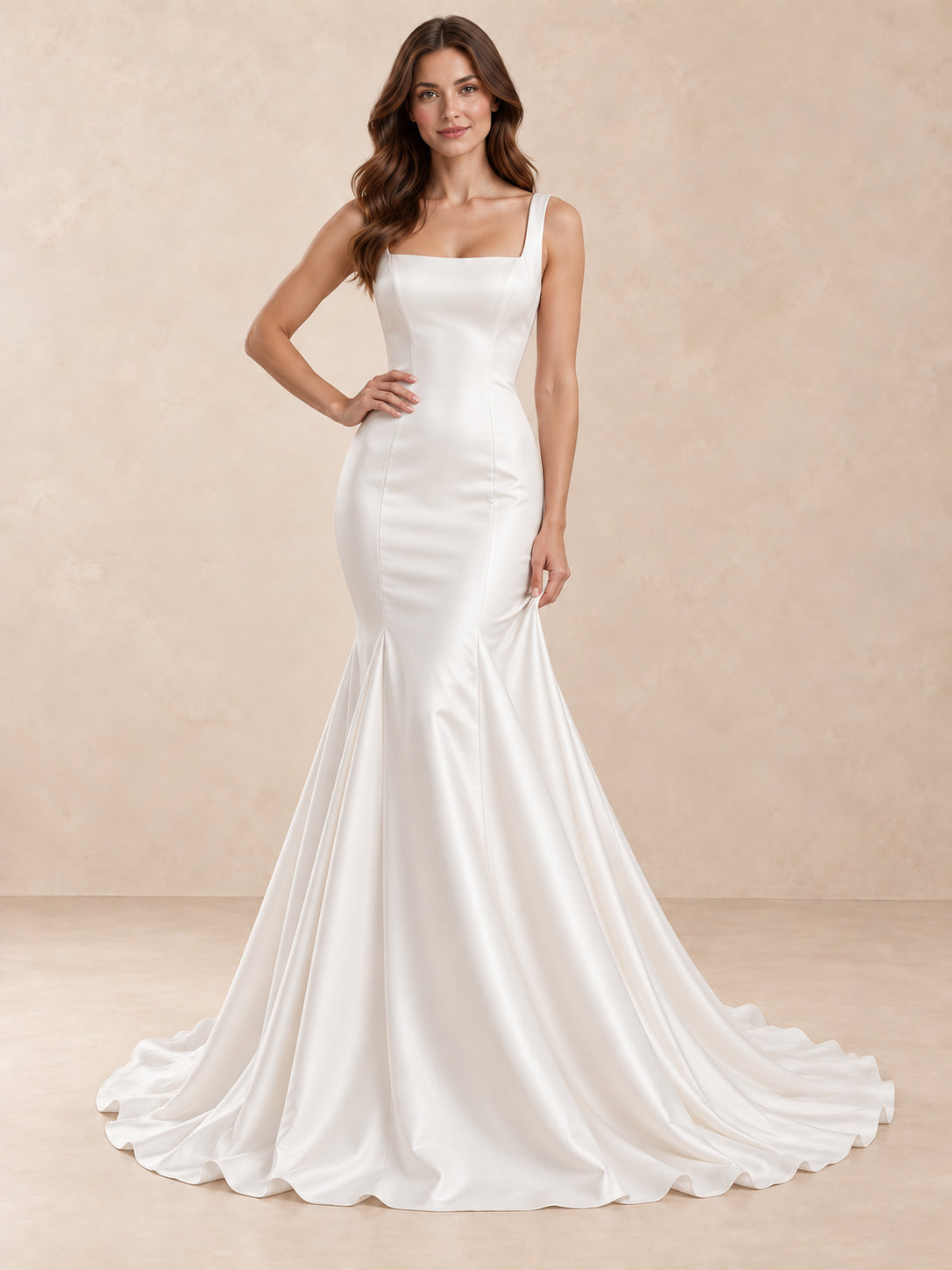 Square Neck Mermaid Satin Wedding Dress with Sweep Train