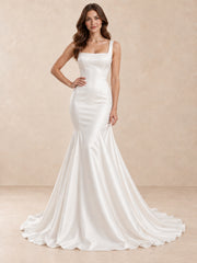 Square Neck Mermaid Satin Wedding Dress with Sweep Train