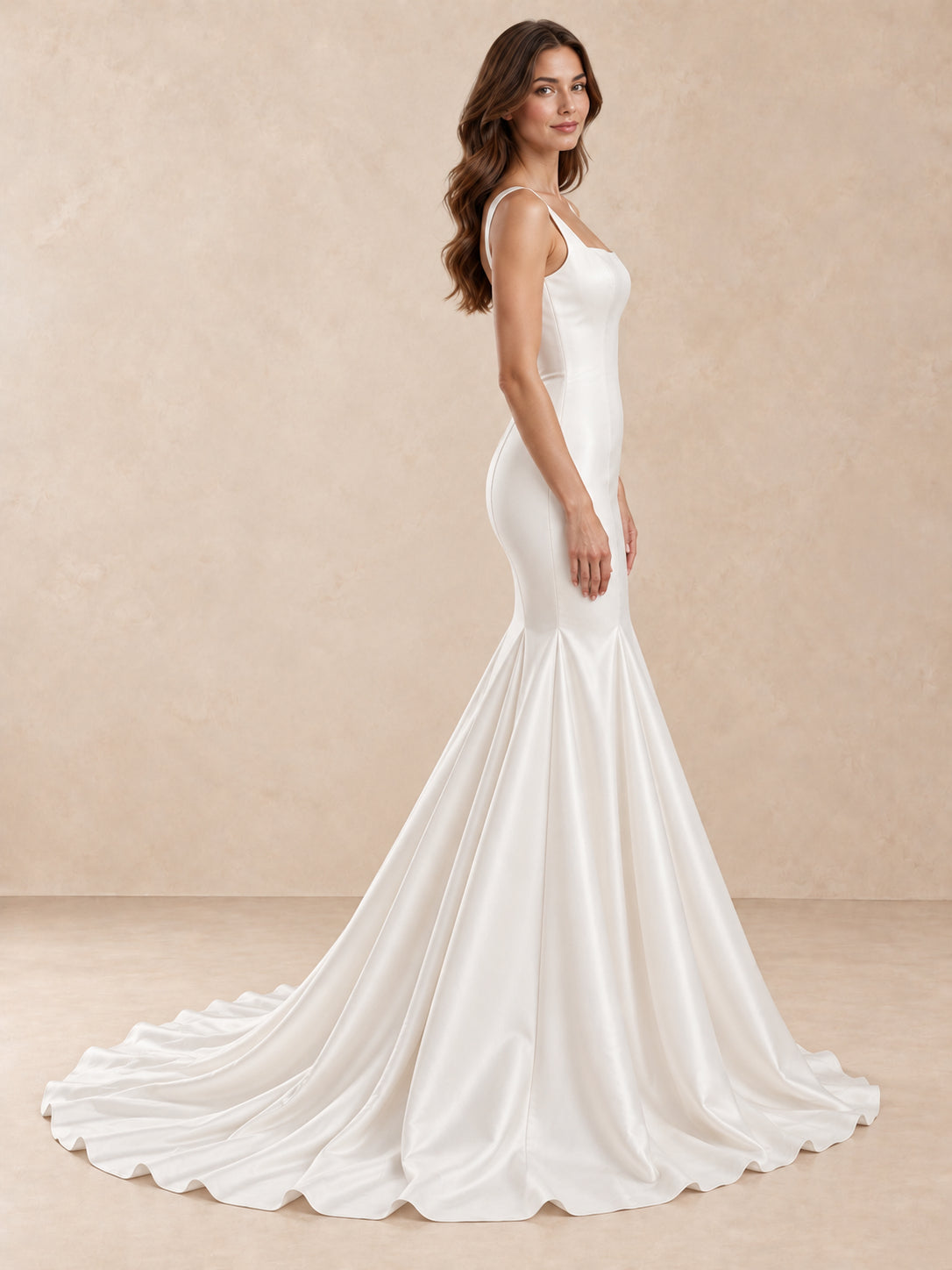 Square Neck Mermaid Satin Wedding Dress with Sweep Train