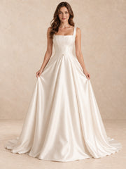 Square Neck Mikado A-Line Wedding Dress with Covered-Button Back