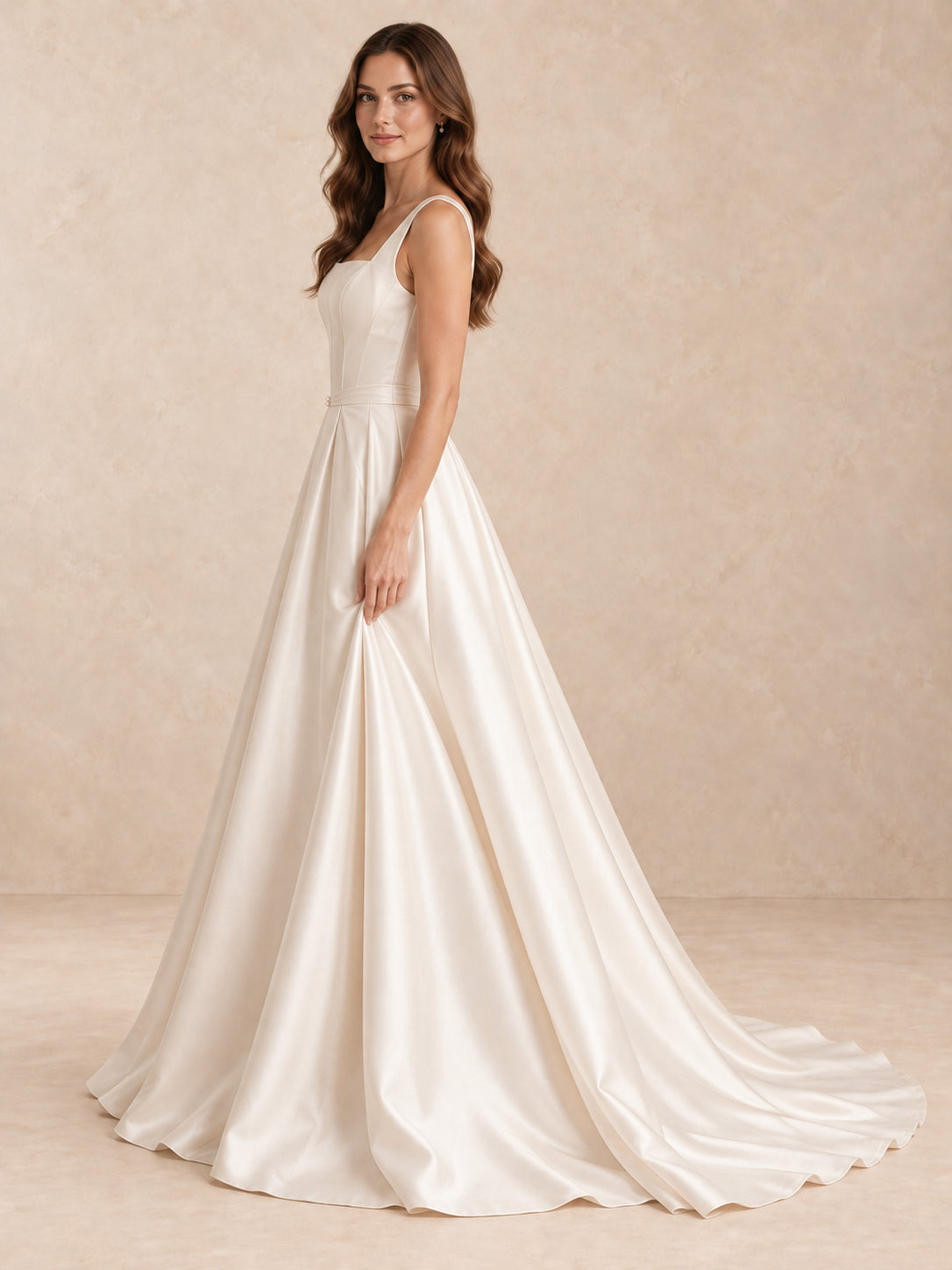Square Neck Mikado A-Line Wedding Dress with Covered-Button Back