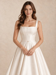 Square Neck Mikado A-Line Wedding Dress with Covered-Button Back