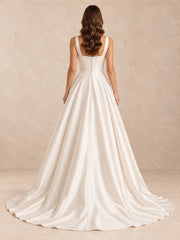 Square Neck Mikado A-Line Wedding Dress with Covered-Button Back