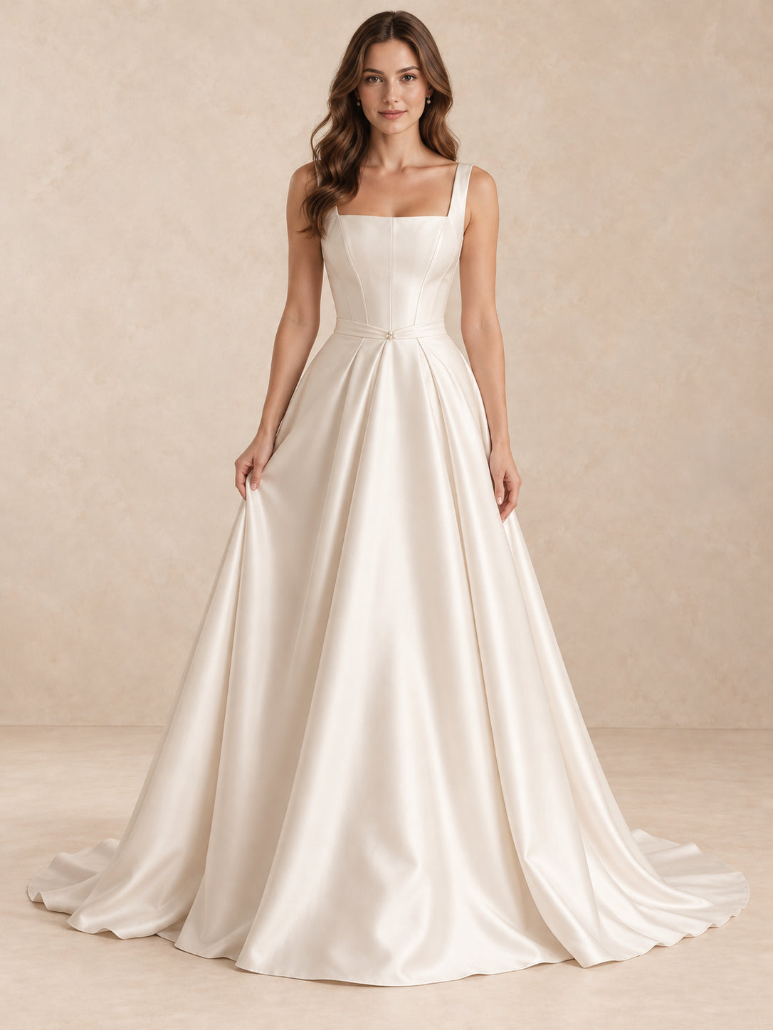 Square Neck Mikado A-Line Wedding Dress with Covered-Button Back