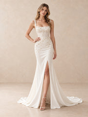 Square Neck Pearl Beaded Satin Sheath Wedding Dress with Front Slit